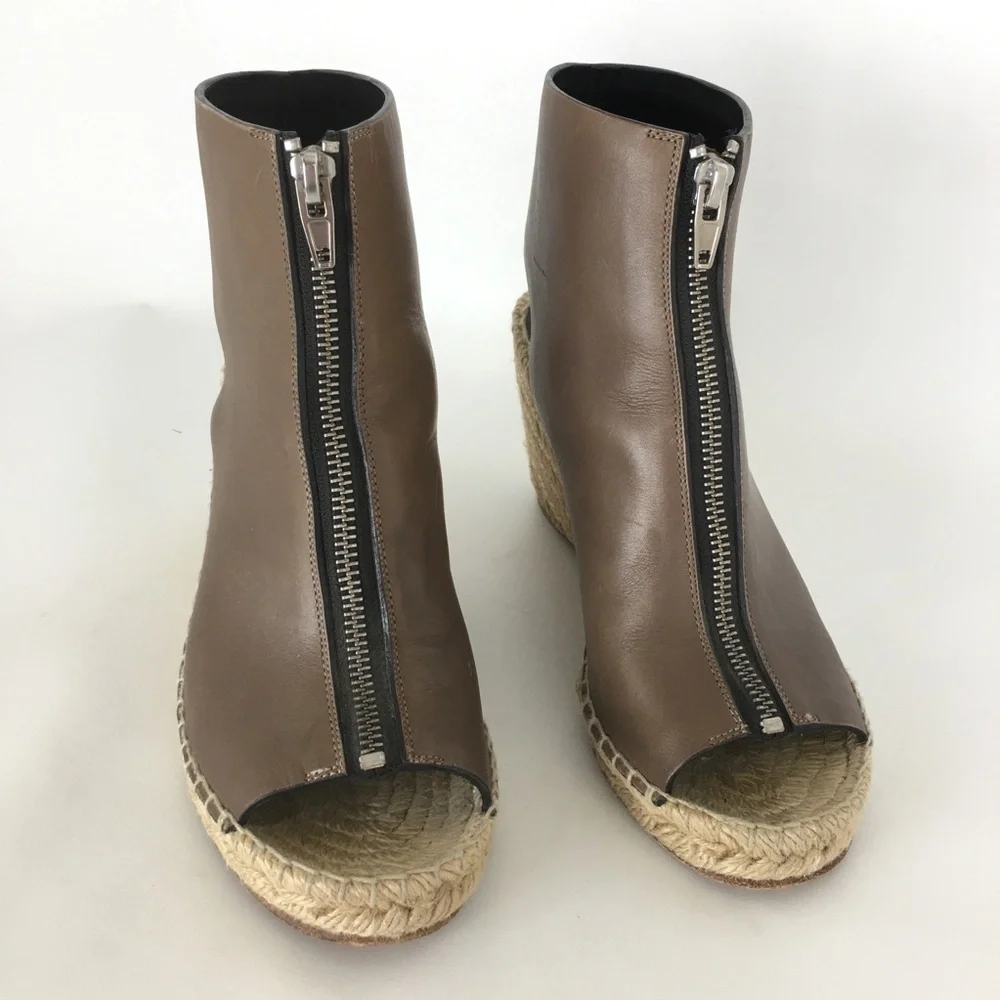 Celine Leather Espadrille Wedges Zipper Sandals Tan Taupe Peep Toe Designer